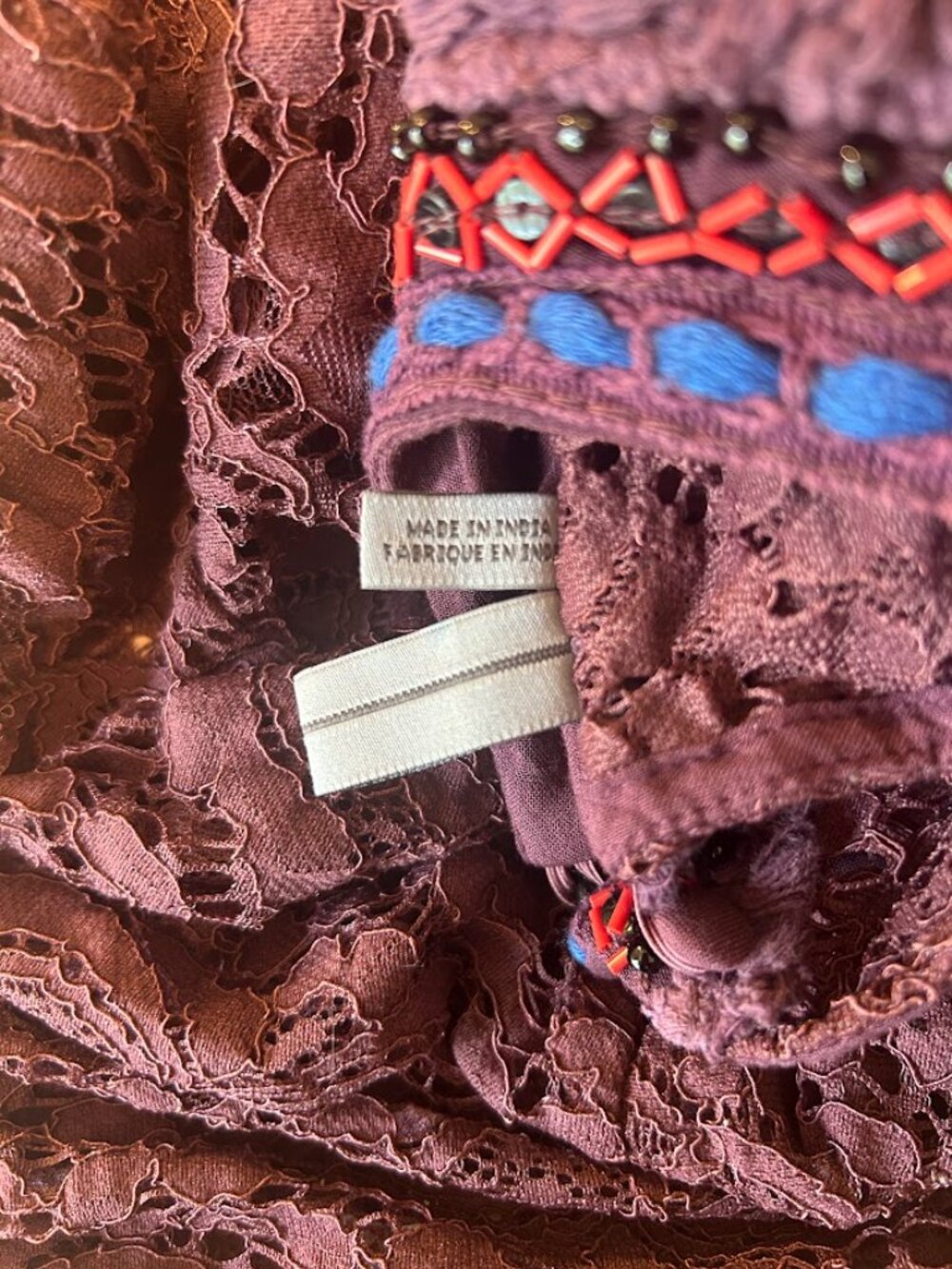 Bl^nk London Anthropologie Purple Lace Beaded Cuff Top XS Boho India - Picture 7 of 12